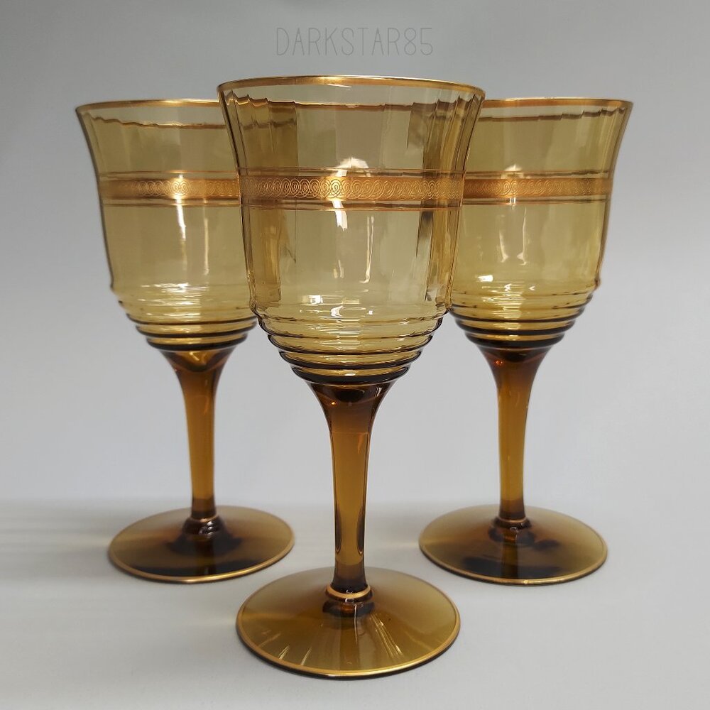 Vintage Amber Optic Water Goblets With Gold Trim Unknown Maker (x3)